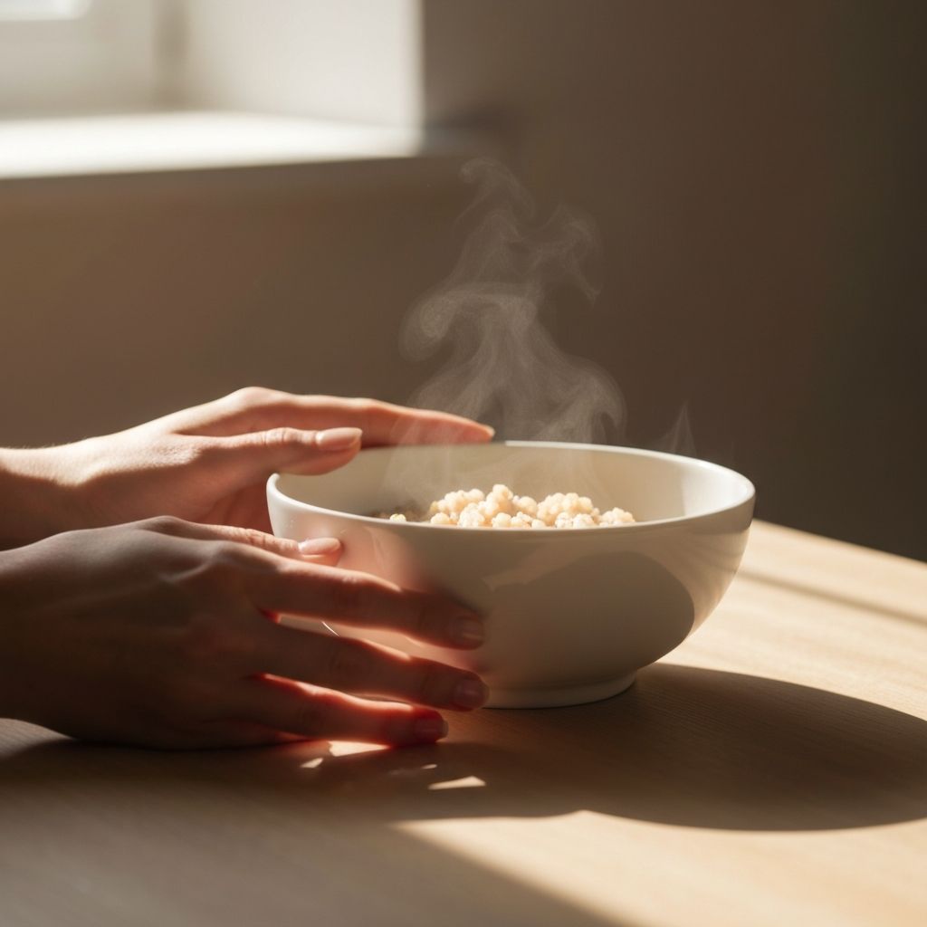 Hands resting beside bowl with steaming food