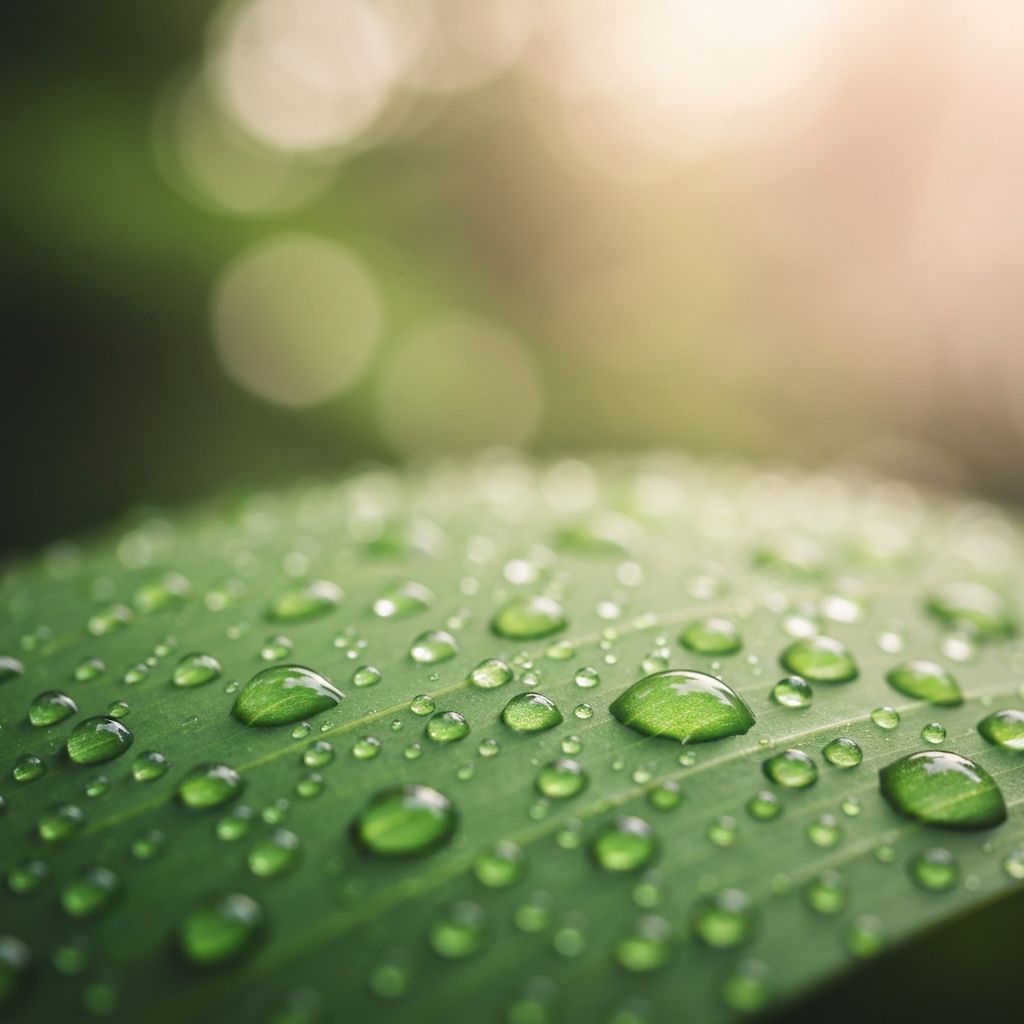 Water droplets on leaf in pastel warm light